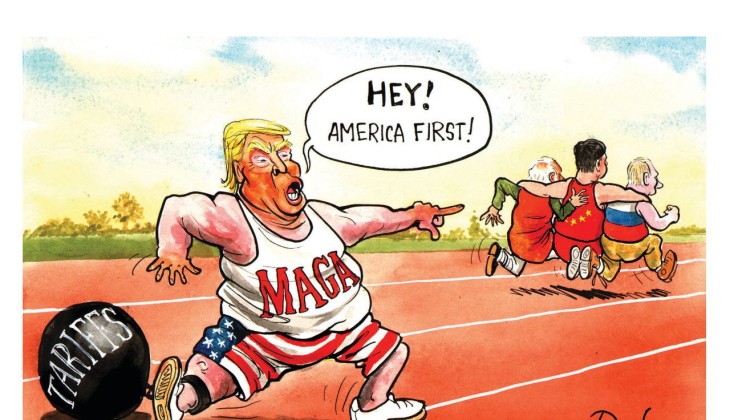 کاریکاتور روزنامه تلگراف از درماندگی ترامپ در برابر اتحاد هند و روسیه و چین